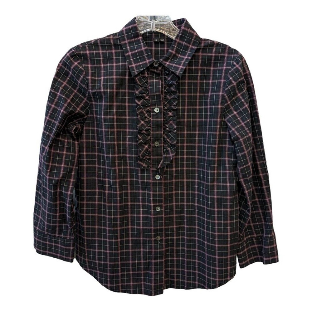 Theory Women's Button Down Ruffle Plaid Shirt Preppie size small